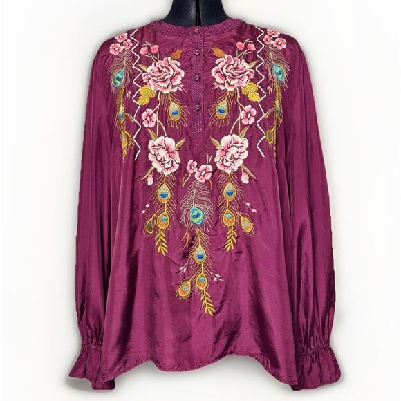 Johnny Was Workshop XL Purple Silk Peacock Quito Blouse Embroidery Button V Neck - Picture 2 of 12